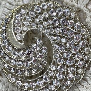 Vintage Napier Statement Brooch Silver Tone Swirl Clear Rhinestones Round Circle